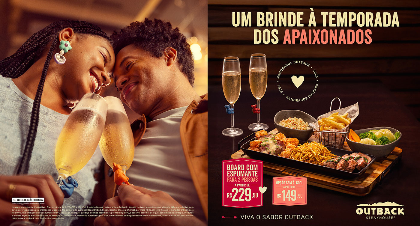 Outback lança promoção especial de Dia dos Namorados com espumante grátis e três opções de tábuas — ideal para casais que curtem comida com atitude